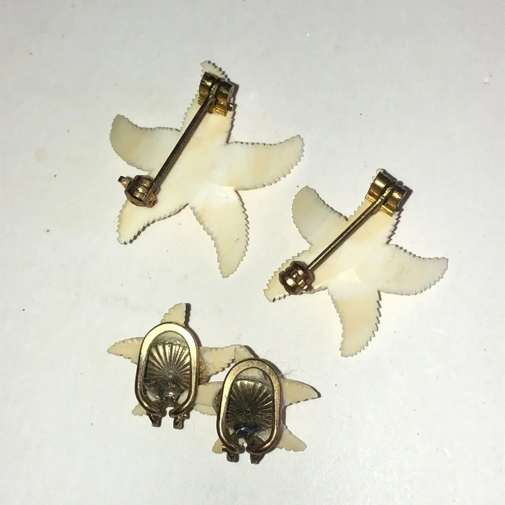 Vintage Carved Cream Starfish Earrings and Pins Set